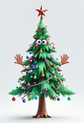 Fototapeta premium Ein lustiger, animierter Weihnachtsbaum mit großen Augen, ausgestreckten Armen, Kugeln und Perlengirlanden, gekrönt von einem roten Stern – ideal für humorvolle Weihnachtskarten. Generative KI.