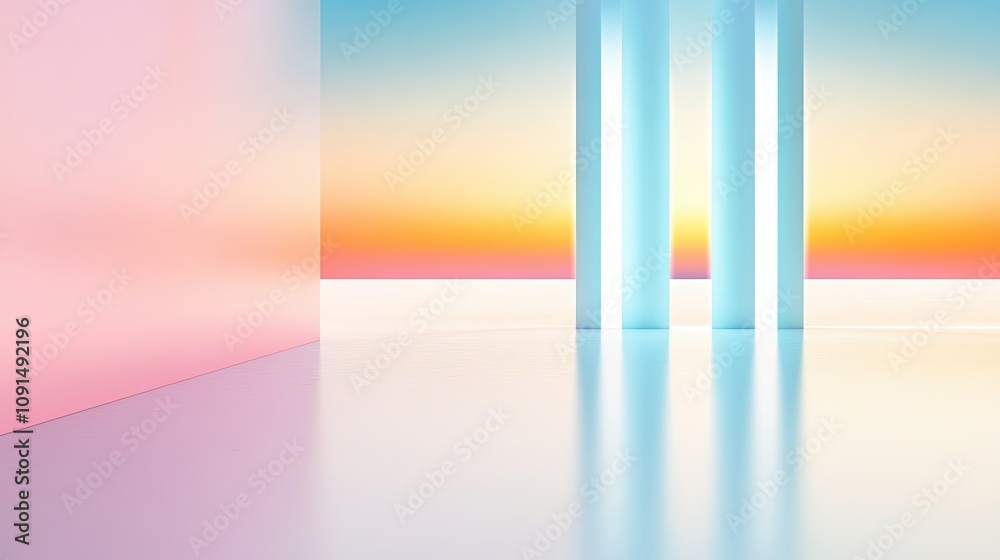 Poster floating mirrors create glowing portals to alternate dimensions with surreal teal and purple hues