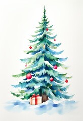 Fototapeta premium Ein zarter Aquarell-Weihnachtsbaum mit roten Kugeln und Geschenken im Schnee, ideal als Motiv für stilvolle Weihnachts- und Grußkarten. Generative KI.