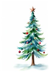 Fototapeta premium Ein zarter, handgemalter Weihnachtsbaum mit roten Kugeln, goldenen Akzenten und einem Stern auf der Spitze, auf weißem Hintergrund – perfekt für festliche Grußkarten. Generative KI.