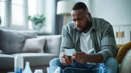 A thoughtful man sits at home, contemplating life's challenges. A poignant image of sadness and introspection.