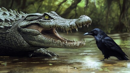 Naklejka premium A captivating close-up of a crocodile and a raven in a serene wetland scene, showcasing nature's intriguing dynamics.