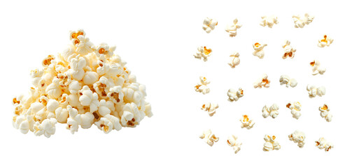 Set of pile of popcorn and floating popcorn kernels