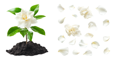 Set of gardenia flower growing in soil and petals floating
