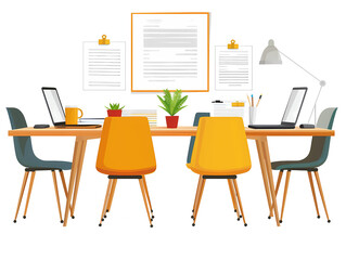 Fototapeta premium Modern Office Workspace Setup with Table, Chairs, Laptop, Plants, and Organized Documents for Productive Work Environment