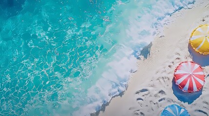 Obraz premium Aerial view of a beach with colorful umbrellas and clear blue water.