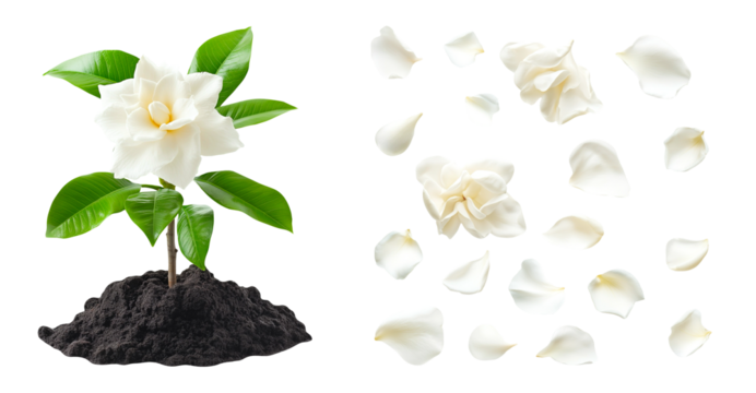 Set of gardenia flower growing in soil and petals floating