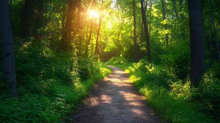 Obraz premium A path through a forest with sunlight shining through the trees