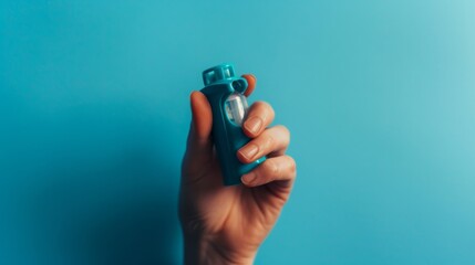 Close-up of a Hand Holding an Inhaler Against a Blue Background
