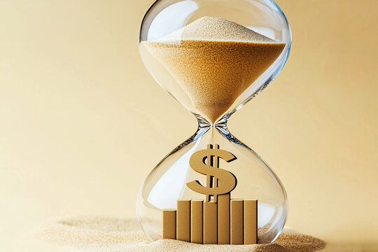 Hourglass with dollar sign at the top and bars of the graph. Financial growth. Economic progress or depletion. Relationship between time and money.