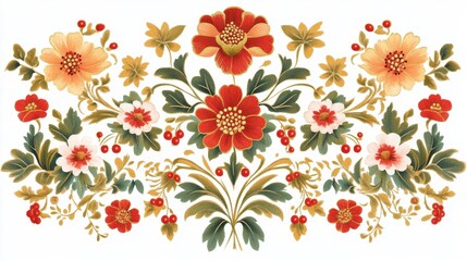 A vibrant floral design featuring various flowers and leaves arranged symmetrically.