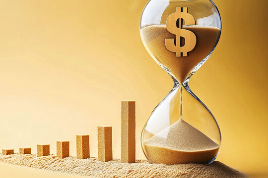 Hourglass with dollar sign at the top and bars of the graph. Financial growth. Economic progress or depletion. Relationship between time and money.