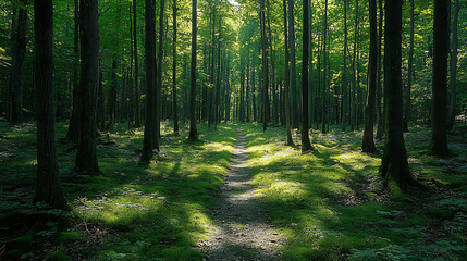 Fototapeta premium A forest path is shown in the sunlight, with trees on either side