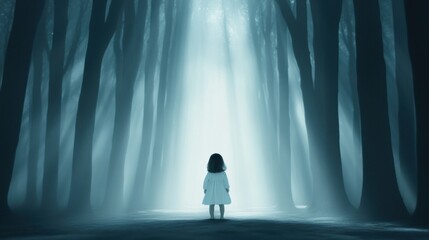 Obraz premium A young girl stands alone in a mystical forest, bathed in ethereal light, AI