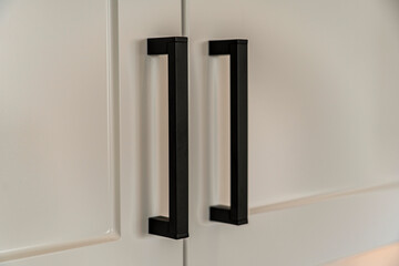 The handles of a cabinet door are black and silver