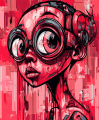 a digital illustration of a person with large eyes wearing goggles. The illustration is in a cartoon style and is mostly in shades of pink and red. The background is a blurry, abstract design with wha