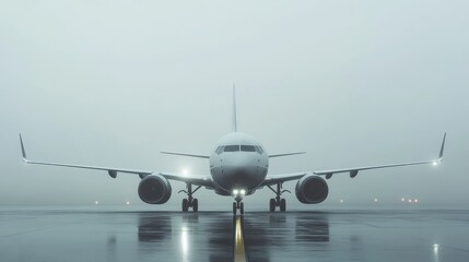 Naklejka premium Airplane on Runway in Fog