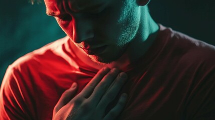 a man in a red shirt holding his hands together
