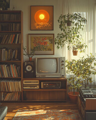 Cozy vintage living room with 1980s TV and floral wallpaper decor