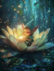 Illustration of happy elf inside big flower in fantasy forest for children's book  