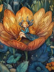 Illustration of happy elf inside big flower in fantasy forest for children's book  