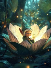 Illustration of happy elf inside big flower in fantasy forest for children's book  