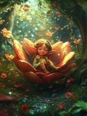 Illustration of happy elf inside big flower in fantasy forest for children's book  