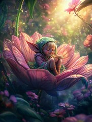 Digital Illustration of happy elf inside big flower in fantasy forest for children's book  