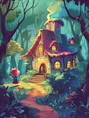 Illustration of happy elf inside big flower in fantasy forest for children's book  