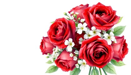 Fototapeta premium Vibrant bouquet of red roses and white flowers on a white background
