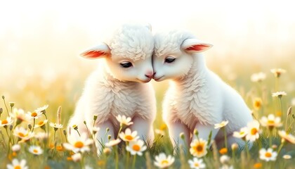 Fototapeta premium Two adorable lambs cuddling in a field of flowers during a sunny day