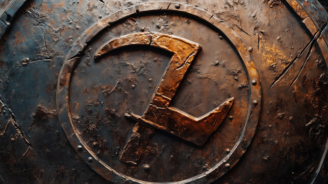 A close-up of a Spartan shield with an embossed Lambda symbol, weathered and scratched from battle