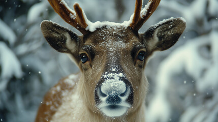 Reindeer Face with Snow Dusted Antlers in Winter Forest Background