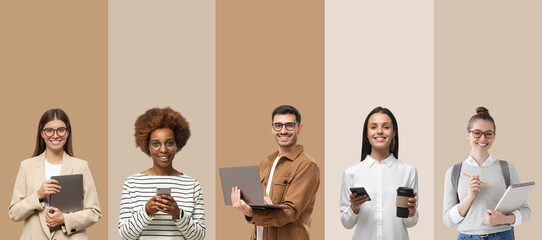 Diverse group of office workers or students showcasing modern and beige and brown casual looks