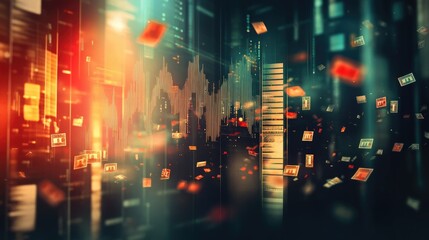 Fototapeta premium Background featuring a fluctuating stock chart, scattered banknotes, global currency symbols, and financial trends, [stock chart, banknotes, currency], [financial dynamics]
