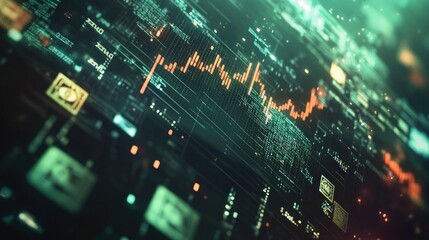 Fototapeta premium Background featuring a fluctuating stock chart, scattered banknotes, global currency symbols, and financial trends, [stock chart, banknotes, currency], [financial dynamics]