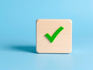  A 3D rendering of a check mark on a wooden block set against a blue background.