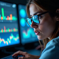 A focused cybersecurity expert in a dark room analyzing multiple glowing monitors with complex code and data.