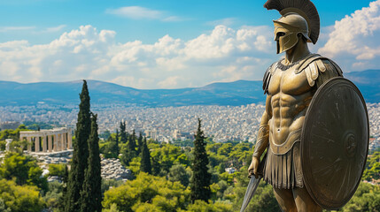 Obraz premium A statue of a Spartan warrior in full armor, with the surrounding city of Sparta visible in the background