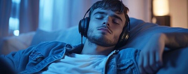 Young man relaxing on sofa listening to music with headphones