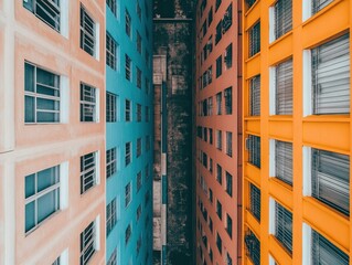 Fototapeta premium A vibrant view of colorful apartment buildings, showcasing a narrow alleyway between them, emphasizing architectural diversity and urban life.