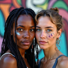 Obraz premium Friends with colorful face paint smile warmly in front of a vibrant mural, capturing the joy of friendship and cultural celebration in a lively setting.