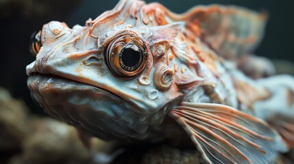 A close-up view of an intricate fish with detailed textures and expressive eyes in its natural underwater habitat.