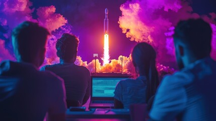 A group observes a rocket launch with colorful smoke and bright flames illuminating the night sky.