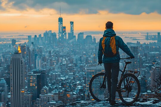 Biker enjoying sunset view over city skyline from high vantage point