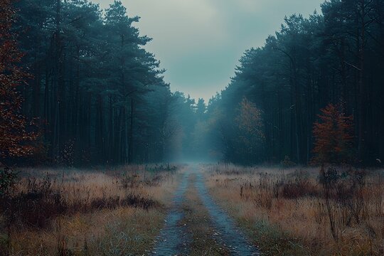 Misty forest path through tall trees during early evening hours