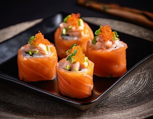 Small gourmet salmon sushi rolls served on a black plate with toppings