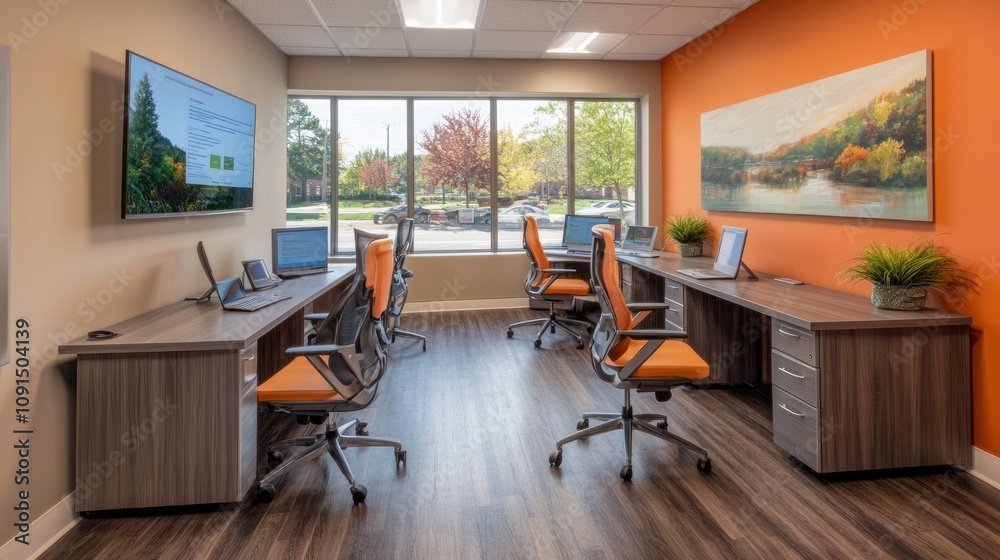 Poster Modern Office Workspace With Computers And Large Window