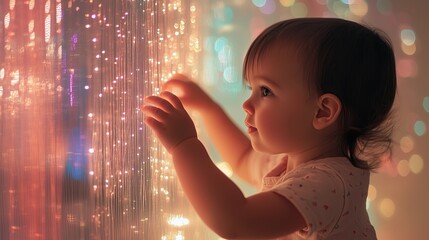 Young child in a calming sensory room, gently running fingers through a fiber optic light curtain. Autism, early intervention support. 
equipment