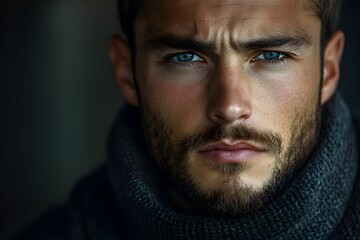 Obraz premium Intense gaze of a young man with a beard and scarf